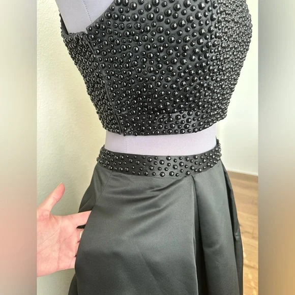 NWT Black Full Length Satin Beaded Two-Piece Formal Gown - Picture 4 of 16